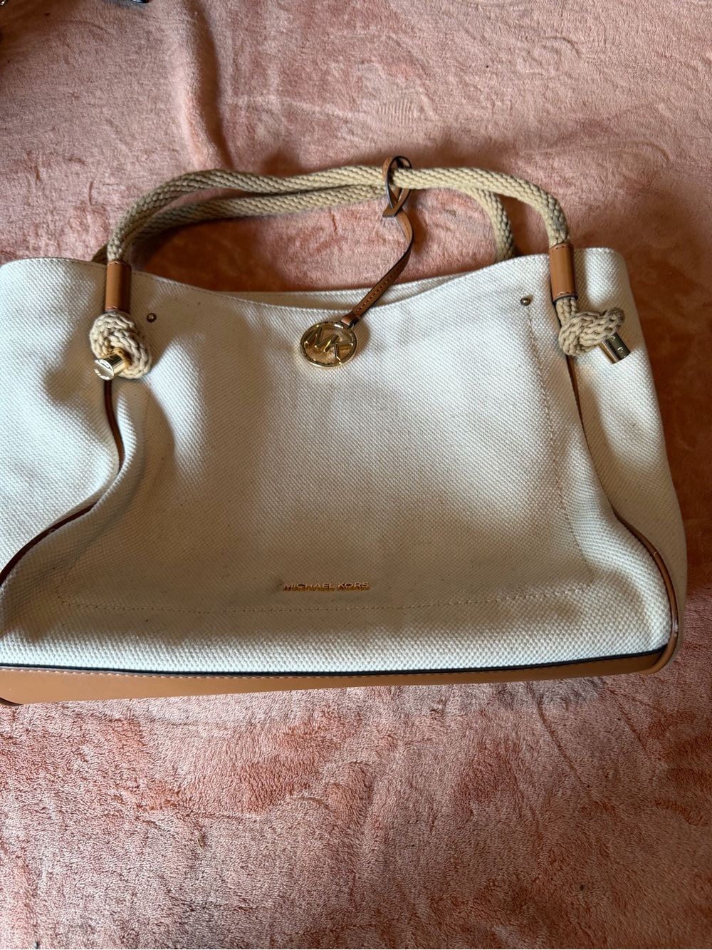 Michael Kors Cream Canvas Tote with Tan Leather Trim and Rope Handles
